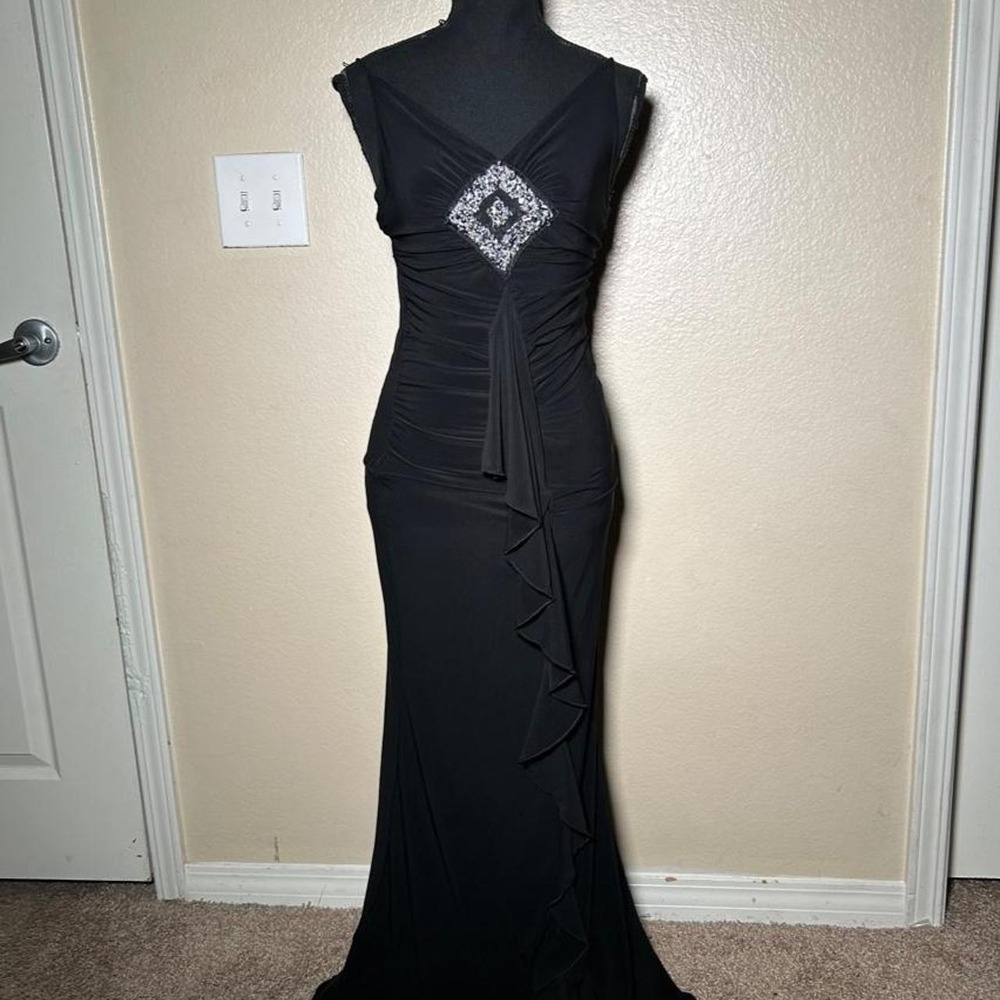 Hi-Sense USA Vintage Y2K Black Maxi Dress Rhinestone Ruched Bodycon Gown Small